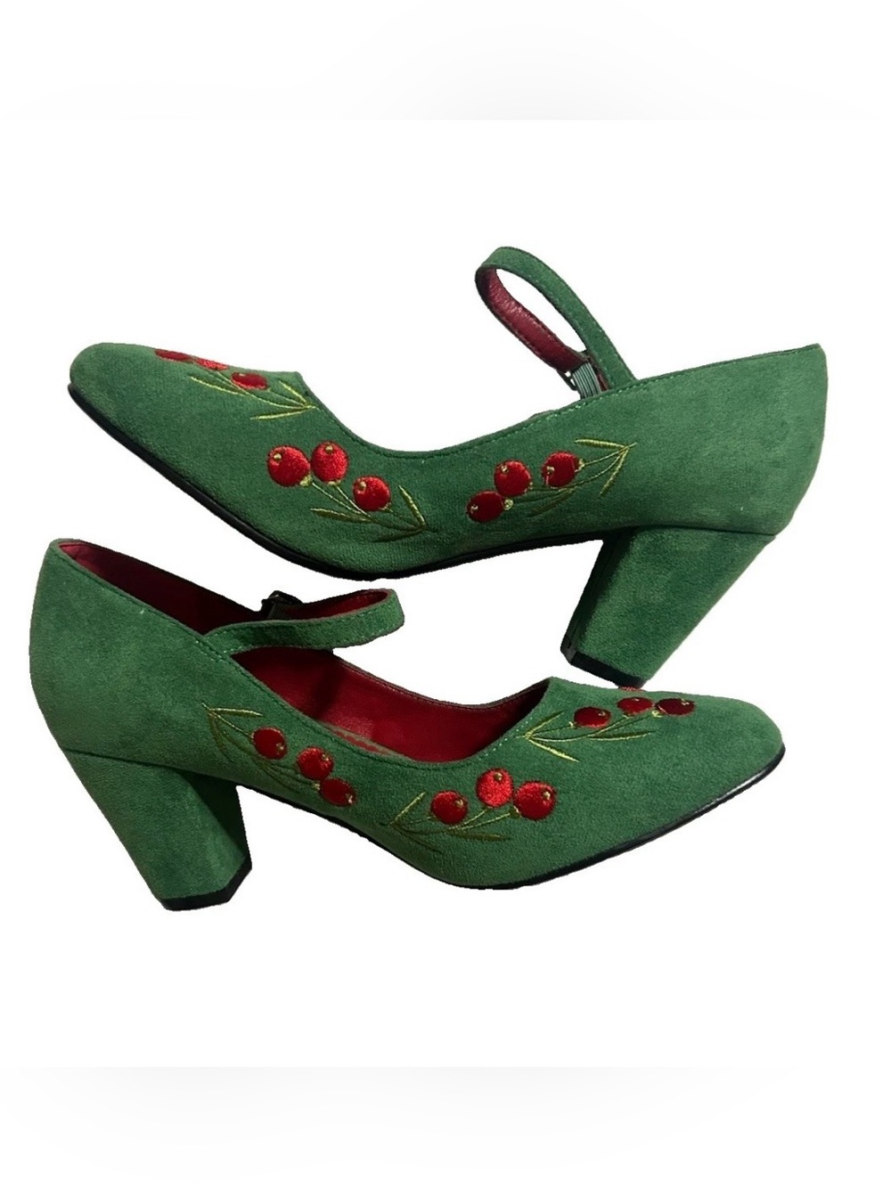 Lulu Hun Collectif Green Cherry Embroidered Mary Jane Heels Pumps US 7.5 - Picture 6 of 12